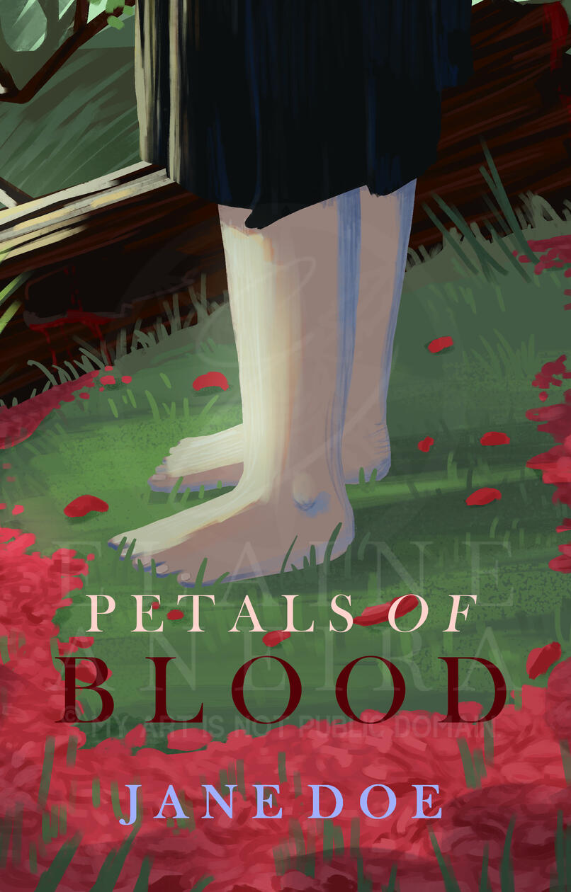 A premade cover of a pair of legs with their feet standing on grass. Petals are strewn everywhere. A fallen tree in the background bleeds.