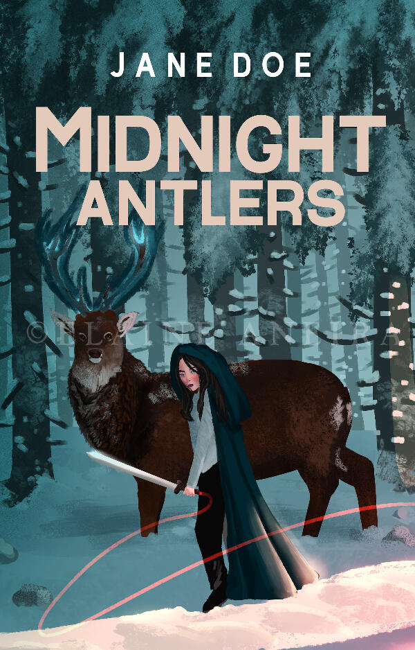 In a winter forest, there is a stag with blue flames coming from his antlers. A young girl stands in front of the stag with a fierce expression. She's wearing a cloak. In her hand is a sword.